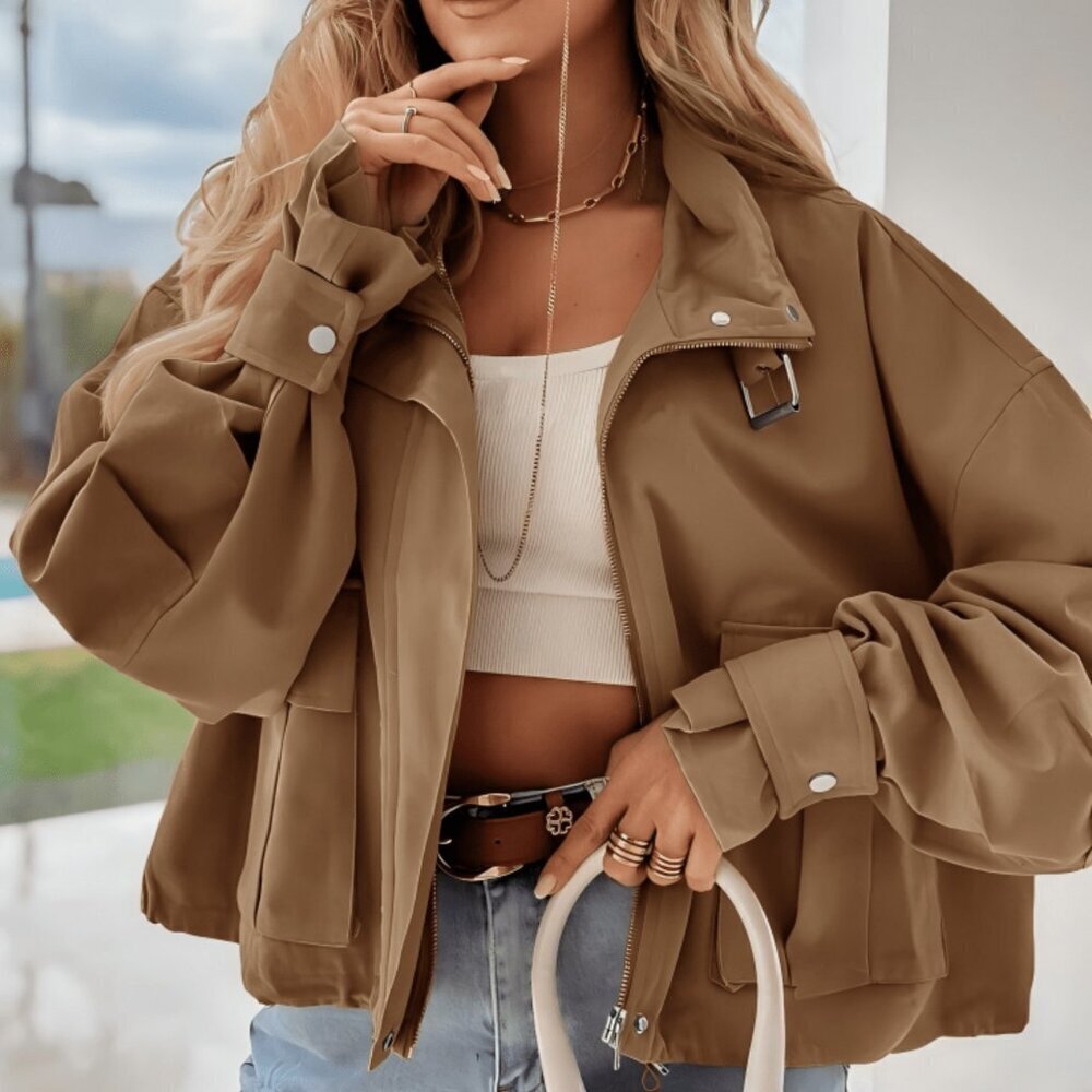 Brown Casual Women's Cropped Bomber Jacket with Zip Up and Pockets